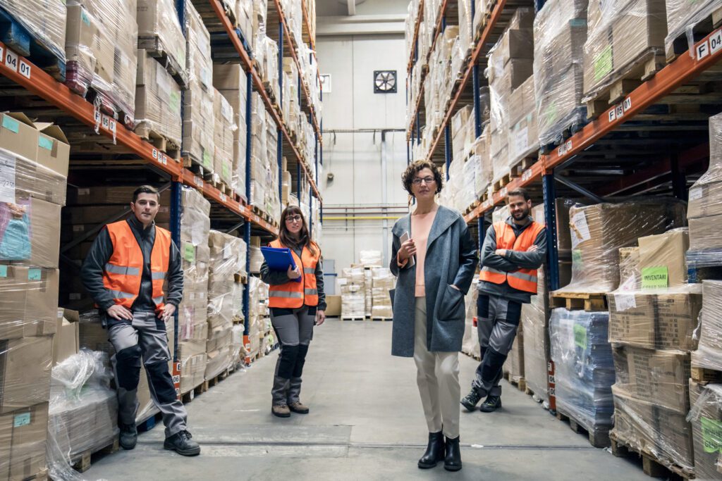 Portrait of four workers in a distribution warehouse