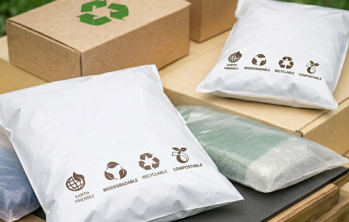 Biodegradable and recyclable packaging bags and cardboard boxes with eco-friendly symbols and labels, displayed outdoors on a table.