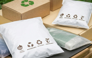 Biodegradable and recyclable packaging bags and cardboard boxes with eco-friendly symbols and labels, displayed outdoors on a table.